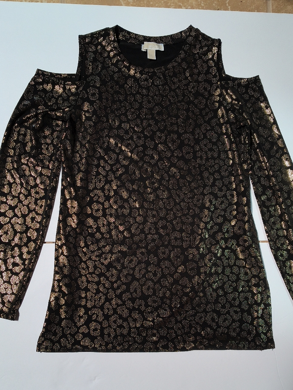 Michael Kors Black Top with Gold Metallic Leopard Print and Cold Shoulders Small